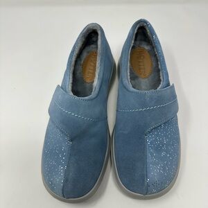 Hotter Shoes Women's 8 Blue Suede Leather Wrap Comfort Lined Casual Slippers